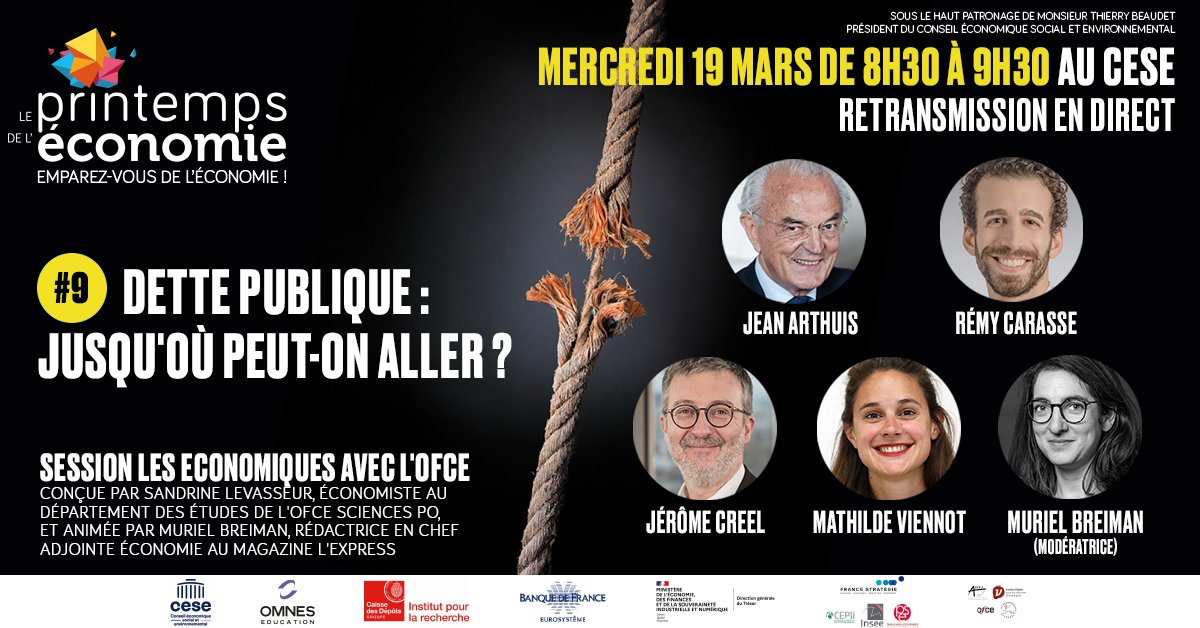 Le Printemps de l'économie (@printempsdeleco) on Twitter photo "#Dette publique : jusqu'où peut-on aller ?💸"
Un débat <a href="/LesEconomiques/">Les Economiques</a> avec <a href="/ofceparis/">OFCE</a> et <a href="/LEXPRESS/">L'Express</a> conçue par <a href="/LevasseurSandr3/">Levasseur Sandrine</a>, économiste <a href="/ofceparis/">OFCE</a> et animée par <a href="/murielbreiman/">Muriel Breiman</a>, rédactrice en chef adjointe <a href="/LEXPRESS/">L'Express</a>. Avec <a href="/JeanArthuis/">Jean Arthuis</a> ex ministre de l'économie, sénateur, "#Dette publique : jusqu'où peut-on aller ?💸"
Un débat <a href="/LesEconomiques/">Les Economiques</a> avec <a href="/ofceparis/">OFCE</a> et <a href="/LEXPRESS/">L'Express</a> conçue par <a href="/LevasseurSandr3/">Levasseur Sandrine</a>, économiste <a href="/ofceparis/">OFCE</a> et animée par <a href="/murielbreiman/">Muriel Breiman</a>, rédactrice en chef adjointe <a href="/LEXPRESS/">L'Express</a>. Avec <a href="/JeanArthuis/">Jean Arthuis</a> ex ministre de l'économie, sénateur,