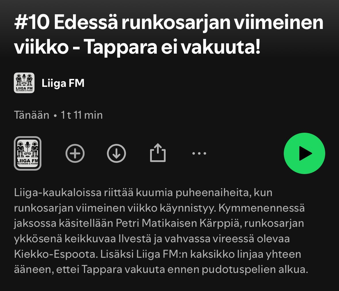 Kymmenes Liiga FM-jakso ulkona!🎙️

Runkosarjan lopun voimasuhteita tuli pohdittua muutaman joukkueen kera, ennen äärettömän tiukkaa runkosarjan viimeistä viikkoa!🔥

Otahan kuunteluun 🎧👉🏻 : open.spotify.com/episode/1ThKj8…

#Liiga