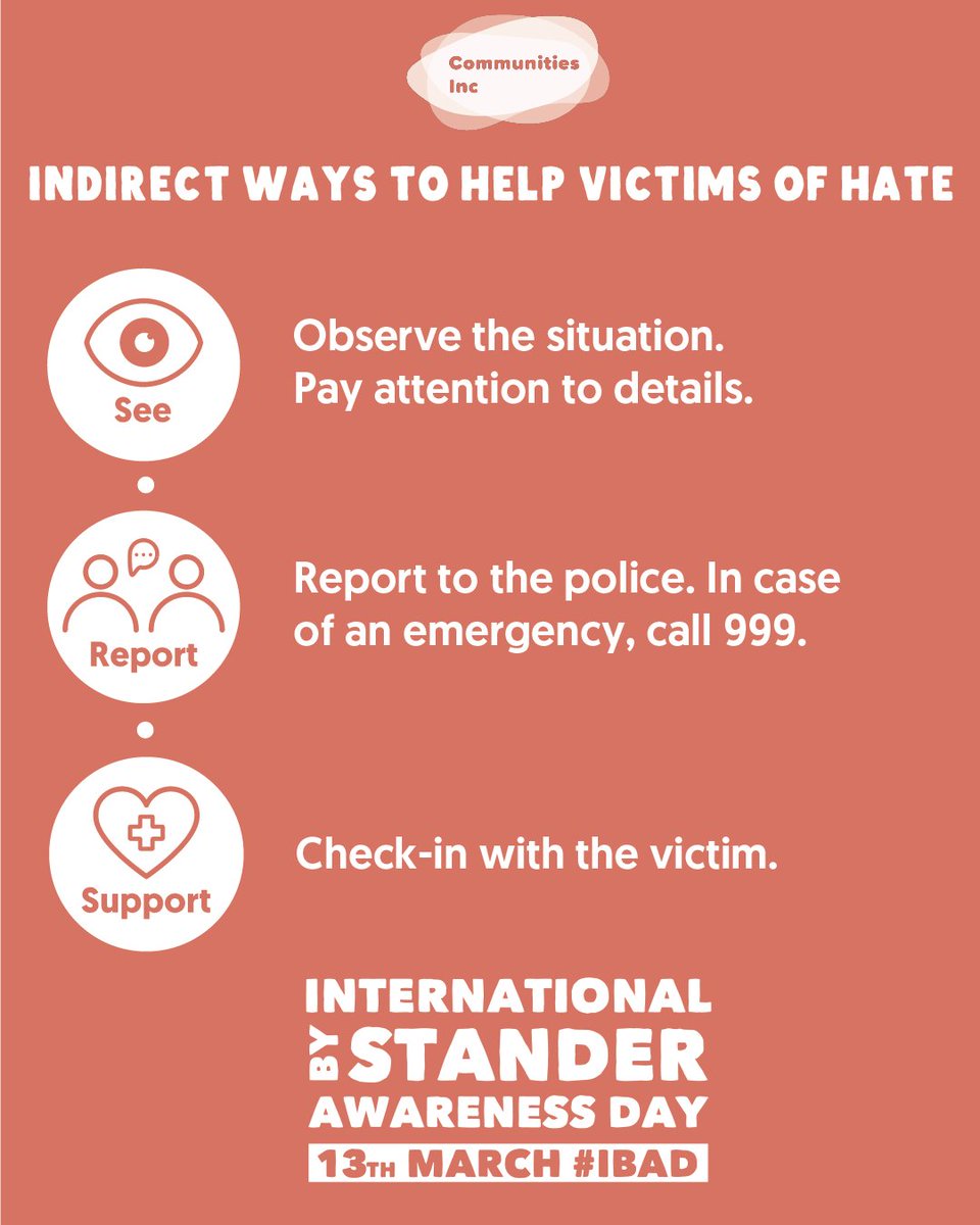 Witnessing a crime or hate incident? Unsure how to help? Here are 3 simple ways to support a victim safely 
👀 SEE – Stay aware &amp; assess the situation.
📞 REPORT – Alert the right people.
🤝 SUPPORT – Help the victim feel safe.
Small actions = big impact! 🧡 #IBAD