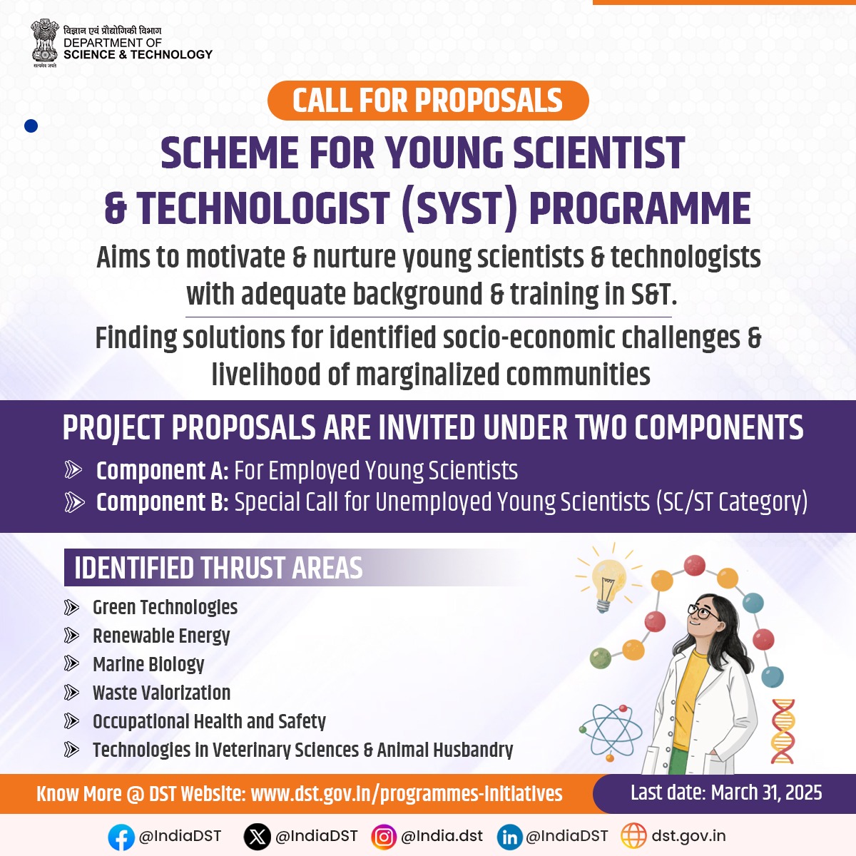 DSTIndia (@indiadst) on Twitter photo Calling young #scientists & #technologists!š”
#SYST Program <a href="/IndiaDST/">DSTIndia</a> invites project #proposals under key thrust areas like #greentech, #RenewableEnergy & #marinebiologyš
šļøApply by March 31, 2025
Details: dst.gov.in/programmes-iniā¦
<a href="/DrJitendraSingh/">Dr Jitendra Singh</a> <a href="/karandi65/">Abhay Karandikar</a> <a href="/DrAnitaAgg13/">Dr Anita Aggarwal</a> Calling young #scientists & #technologists!š”
#SYST Program <a href="/IndiaDST/">DSTIndia</a> invites project #proposals under key thrust areas like #greentech, #RenewableEnergy & #marinebiologyš
šļøApply by March 31, 2025
Details: dst.gov.in/programmes-iniā¦
<a href="/DrJitendraSingh/">Dr Jitendra Singh</a> <a href="/karandi65/">Abhay Karandikar</a> <a href="/DrAnitaAgg13/">Dr Anita Aggarwal</a>