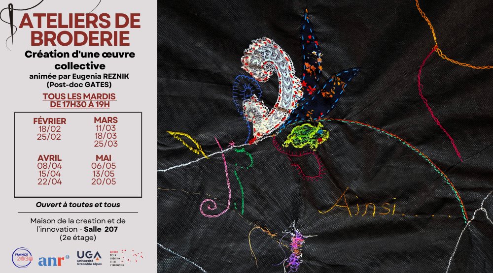 [WORKSHOP GATES] Ateliers de création de broderie collective animés par Eugenia Reznik, artiste et post-doc GATES
➡️tous les mardis de 17h30 à 19h
📍MaCI - Salle 207 (2e étage)
Ouvert dans la limite des places disponibles
maci.univ-grenoble-alpes.fr/fr/actualites/…