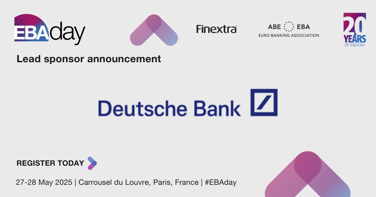 EBAday (@ebaday) on Twitter photo We're thrilled to announce <a href="/DeutscheBank/">Deutsche Bank</a> as a lead sponsor for EBAday 2025! π
With a passion for tradition and a commitment to shaping the future of finance, Deutsche Bank is the perfect partner for EBAday.
Join us at EBAday 2025: ebaday.com/register #EBAday2025 We're thrilled to announce <a href="/DeutscheBank/">Deutsche Bank</a> as a lead sponsor for EBAday 2025! π
With a passion for tradition and a commitment to shaping the future of finance, Deutsche Bank is the perfect partner for EBAday.
Join us at EBAday 2025: ebaday.com/register #EBAday2025