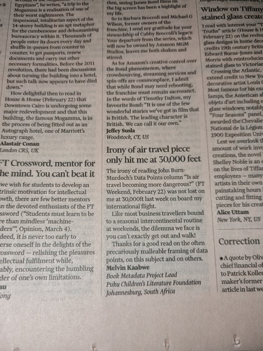 Kaabwe's tweet photo. A 'comforting' read @ftweekend on board @FlySafair 😅 turned into a letter to the editor 😀 @jburnmurdoch
#ReadersAreLeaders
#financialtimes
#FTWeekend https://t.co/go5TdywPJe