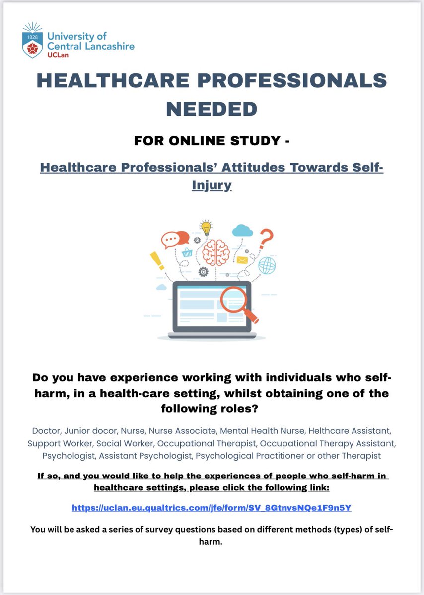 I am currently completing my masters in Applied Clinical Psychology at UCLan. As part of this, I am conducting my dissertation research on professionals’ attitudes towards different methods of self-harm. 

Link to study &amp; additional information:  uclan.eu.qualtrics.com/jfe/form/SV_8G…