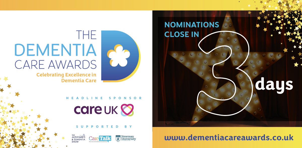 The countdown is on – just 3 DAYS left to nominate for the Dementia Care Awards! 

Recognise the outstanding individuals and teams who are dedicated to providing person-centred, outcome-focused care for those living with dementia.

Submit your nomination: bit.ly/3RDsRvk