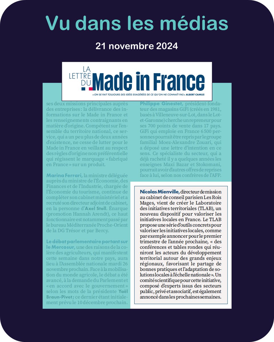 Laboratoire des initiatives territoriales (TLAB) (@tlab_org) on Twitter photo 🗞️ ON PARLE DE NOUS 🗞️
... Dans <a href="/LettreMIF/">La Lettre du Made in France</a>, lettre hebdomadaire d'actualité sur l'économie du #MadeinFrance. 🗞️ ON PARLE DE NOUS 🗞️
... Dans <a href="/LettreMIF/">La Lettre du Made in France</a>, lettre hebdomadaire d'actualité sur l'économie du #MadeinFrance.