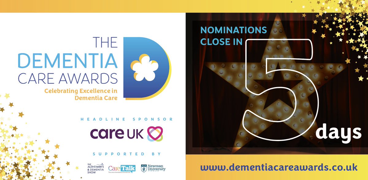 ⏰ Just 5 DAYS left to nominate for the Dementia Care Awards! Don’t miss your chance to recognise those who go above and beyond in dementia care.

Nominate now: bit.ly/3RDsRvk