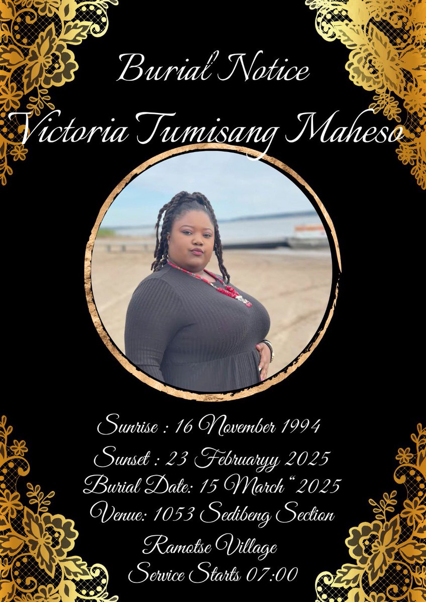 Hello fellow Expats, 

Victoria Tumisang Maheso is finally coming home🇿🇦 to be laid to rest. 

The Maheso family would like to extend their gratitude to everyone who took their time to donate towards Victoria’s repatriation process. 

Please find below further details and  a