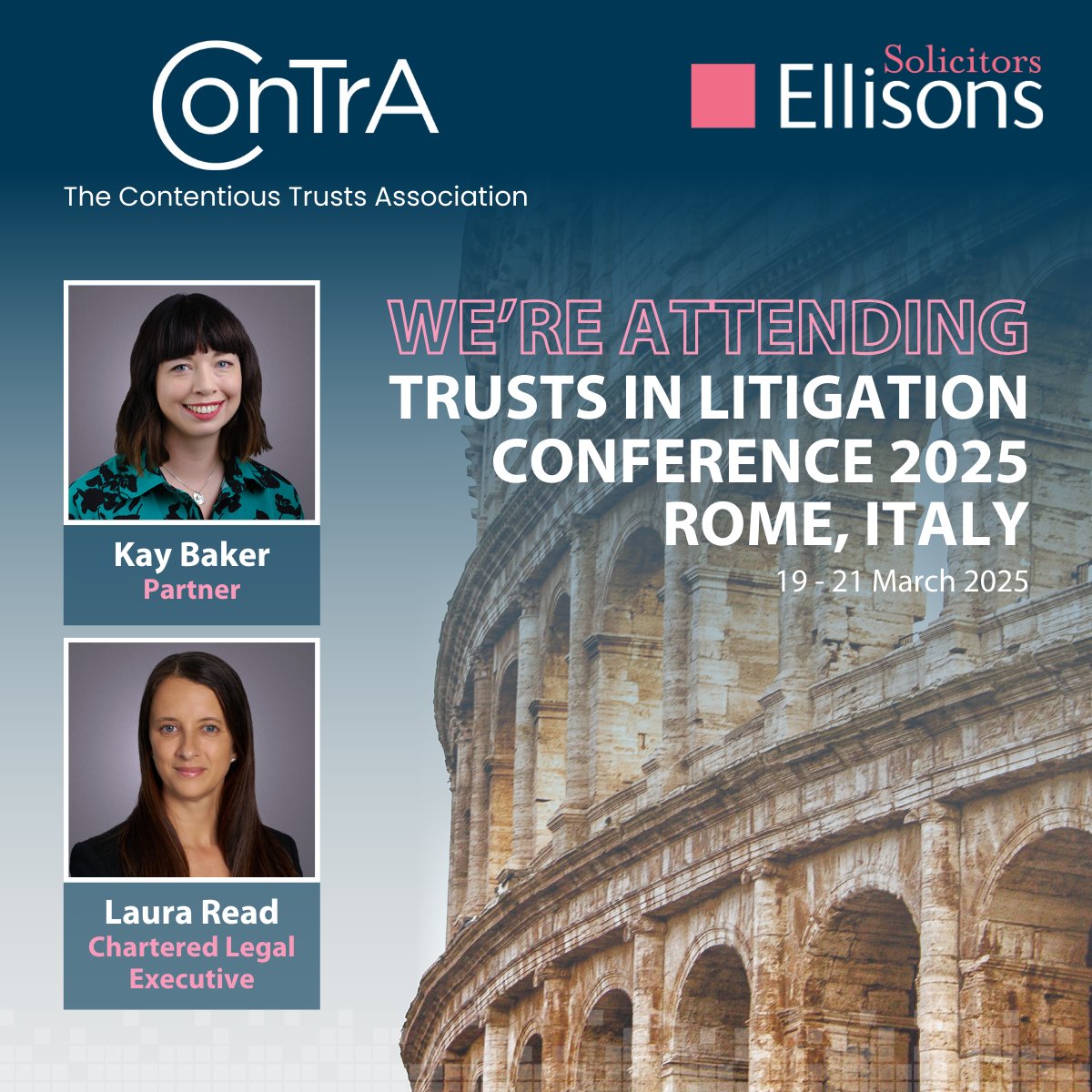 Ellisons Solicitors (@ellisonslaw) on Twitter photo Next week, Partner and Head of Contentious Trusts and Probate, Kay Baker and Chartered Legal Executive, Laura Read, will be attending <a href="/ConTrA_socials/">ConTrA (The Contentious Trusts Association)</a> and Informa Connect's Trusts in Litigation conference in Rome.
Kay and Laura look forward to seeing you there! #ConTrA25 Next week, Partner and Head of Contentious Trusts and Probate, Kay Baker and Chartered Legal Executive, Laura Read, will be attending <a href="/ConTrA_socials/">ConTrA (The Contentious Trusts Association)</a> and Informa Connect's Trusts in Litigation conference in Rome.
Kay and Laura look forward to seeing you there! #ConTrA25