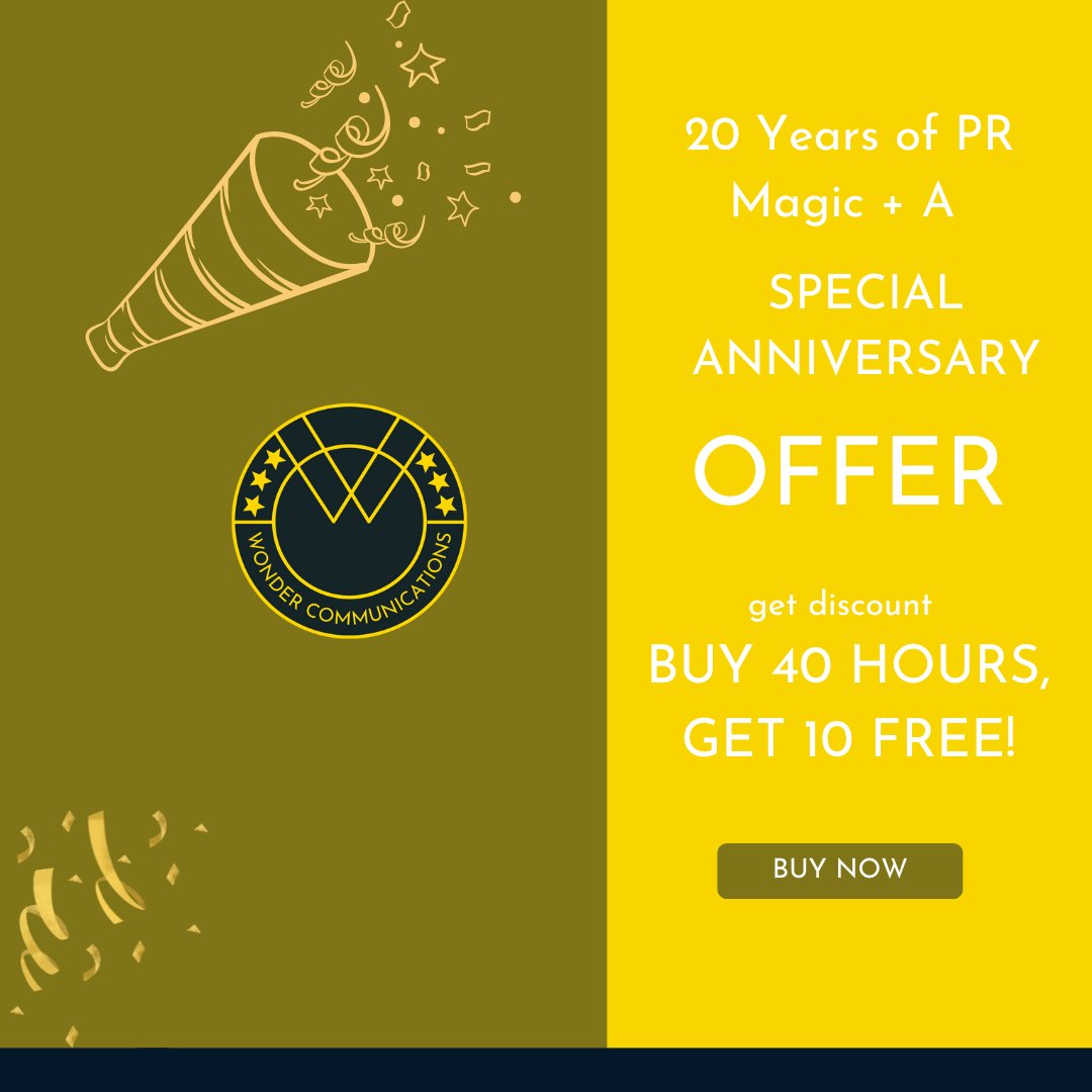 🚀 20 Years of PR Magic + A Special Offer! 🎉✨

We’ve spent 2 decades crafting powerful PR campaigns across entertainment, tourism, retail &amp; more! Now, for our 4th anniversary, we’re giving YOU:

🔥 BUY 40 HOURS, GET 10 FREE! 🔥

📩 Book before 25 March 2025! DM us  TODAY!