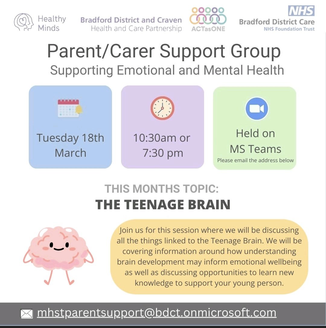 This month's parent support group with Bradfors District Care NHS Foundation Trust is about 'The Teenage Brain'. Details can be found below if you want to get involved 👇🏻👇🏻👇🏻 #MentalHealthMatters #TeamFeversham