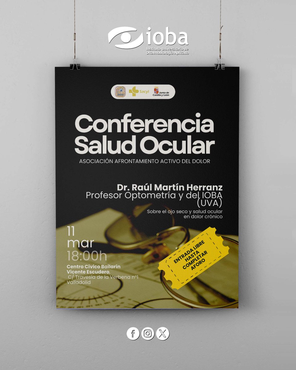 Esta tarde a las 18:00h, nuestro compañero el Dr. Raúl Martín Herranz dará una #Conferencia organizada por la Asociación “Envejecimiento Activo y Saludable” sobre “#OjoSeco y #SaludOcular en #DolorCrónico” en el Centro Cívico Bailarín Vicente Escudero de Valladolid.
#EquipoIOBA