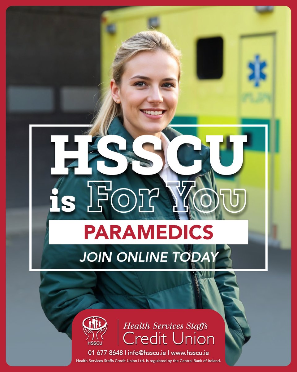 Paramedics, HSSCU is For You. 😊

Join online here: hsscu.ie/join-us-online/

We are a nationwide credit union with over 72,000 members. If you work in public or private healthcare, you can become a member. HSSCU is one of Ireland's leading credit unions.

Made By Our Members.