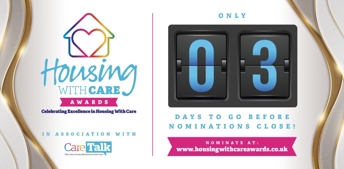 3 Days to Go! ⏳💙

⏳ 3 days left to nominate for the Housing with Care Awards!  🏆Let’s honour the best in care!

📢 Submit yours now! 👉 bit.ly/3tRgX7O

#HousingWithCare