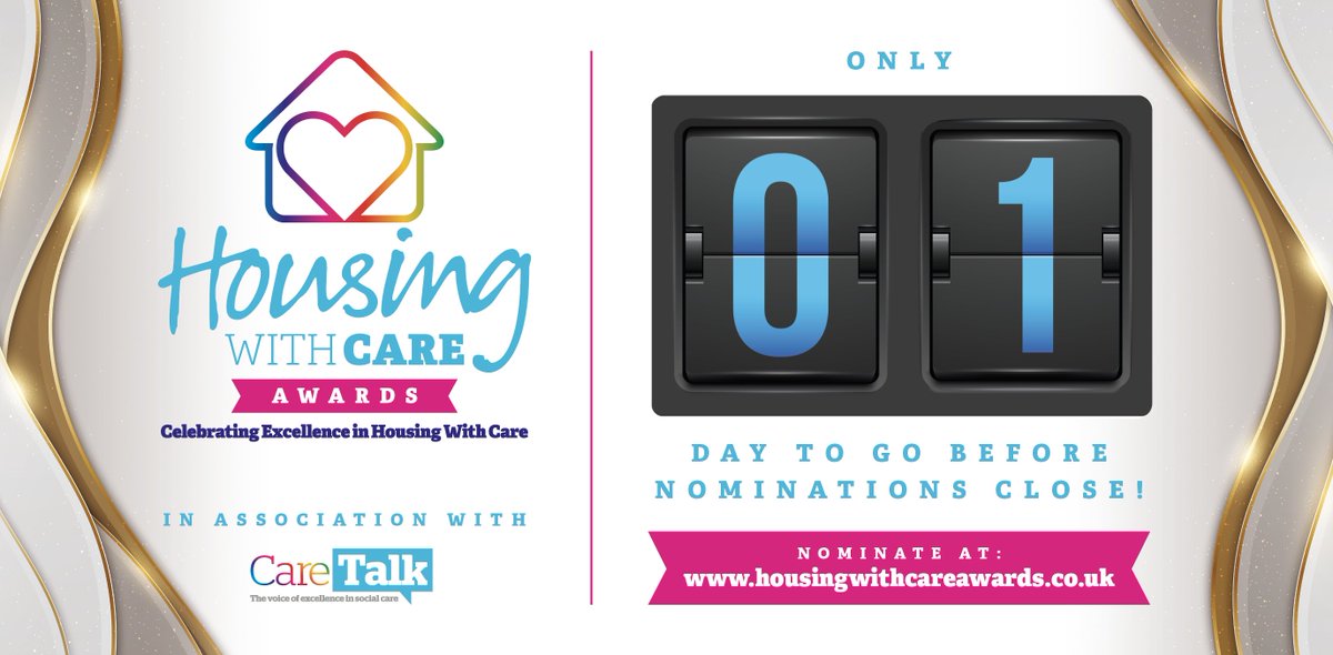 ⏰ 1 DAY LEFT! ⏰

This is your final chance to submit your nominations for the Housing with Care Awards! 🏡👏

📢 Nominate before it’s too late! 👉 bit.ly/3tRgX7O

#HousingWithCare