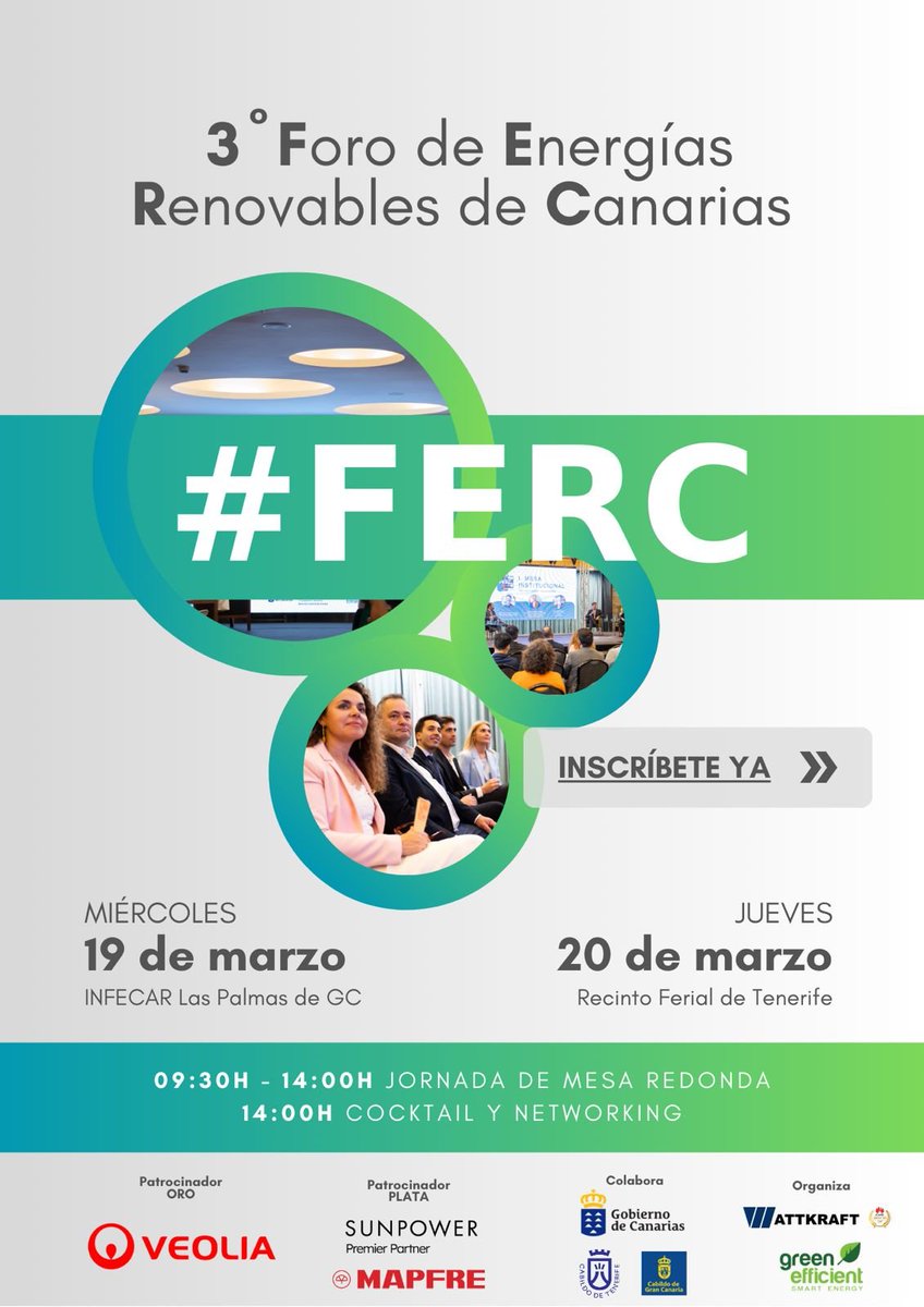 🚀 ¡Ya está aquí el III Foro de #EnergíasRenovables de #Canarias! ☀️🔋 #FERC

Abordaremos desde regulación, subvenciones, hasta las últimas tecnologías y casos de éxito con ADN Canario 🇮🇨  <a href="/Canaragua/">Canaragua</a> <a href="/Veolia_Es/">Veolia | España</a>

Inscríbete ya ⬇️
subscribepage.io/PBVw0u