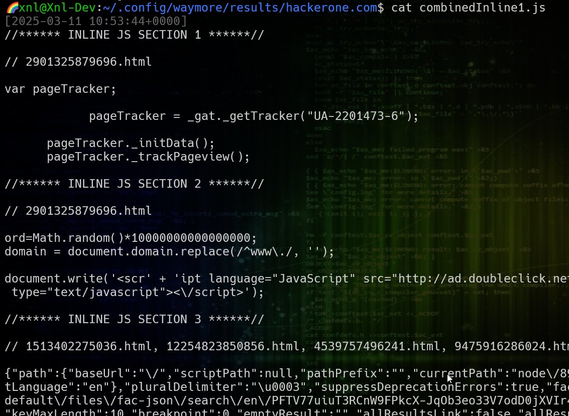 🛠️ waymore: Tip #5 📝

With -mode R there can be LOTS of files. Everyone looks at JS files, but don't forget inline JS!
For ease you can use --output-inline-js to get a file of external JS files referenced in ALL inline JS, plus file(s) of combined inline JS for easier review 
🤘