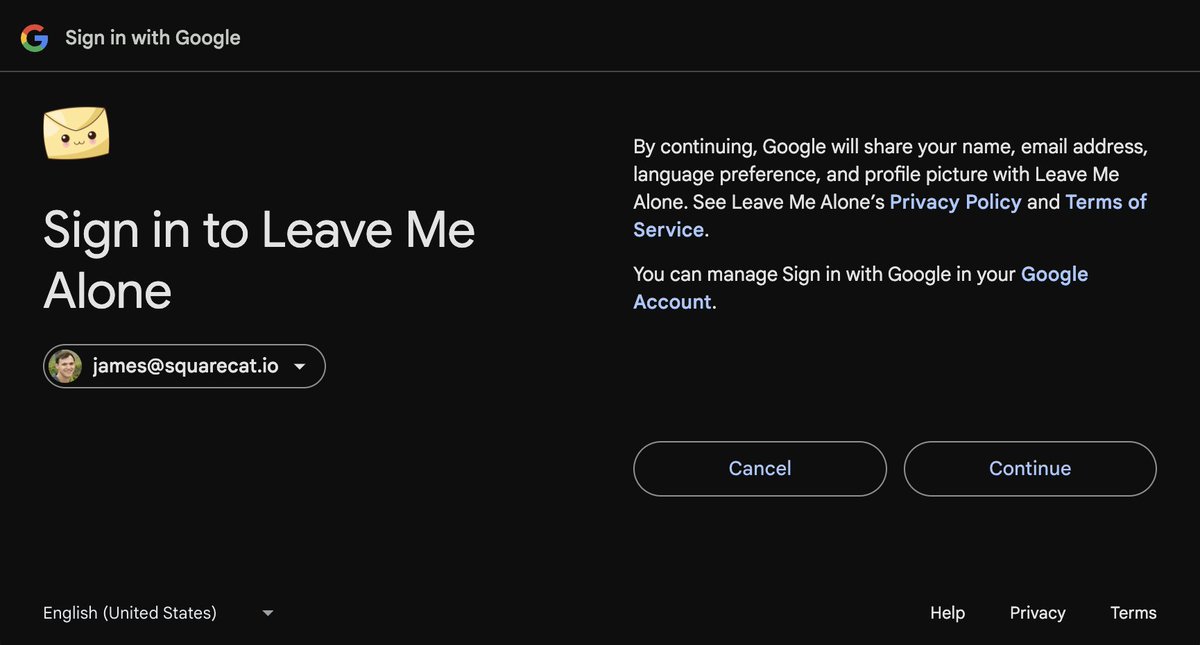 James Ivings (@jamesivings) on Twitter photo AFTER 4 YEARS we finally added sign in with Google 🎉
Previously our users had to go through the painful process of generating an app password in order to connect their account to <a href="/LeaveMeAloneApp/">Leave Me Alone</a>, because Google essentially paywalled access to their API
We decided it finally AFTER 4 YEARS we finally added sign in with Google 🎉
Previously our users had to go through the painful process of generating an app password in order to connect their account to <a href="/LeaveMeAloneApp/">Leave Me Alone</a>, because Google essentially paywalled access to their API
We decided it finally