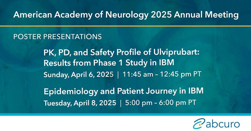 Abcuro, Inc. (@abcuroinc) on Twitter photo We’ll be at the <a href="/AANmember/">American Academy of Neurology</a> 2025 Annual Meeting presenting data from our Phase 1 clinical trial of ulviprubart (ABC008) in #InclusionBodyMyositis and epidemiological and diagnostic data on the patient journey with #IBM. Read more: abcuro.com/uncategorized/… #AANAM We’ll be at the <a href="/AANmember/">American Academy of Neurology</a> 2025 Annual Meeting presenting data from our Phase 1 clinical trial of ulviprubart (ABC008) in #InclusionBodyMyositis and epidemiological and diagnostic data on the patient journey with #IBM. Read more: abcuro.com/uncategorized/… #AANAM