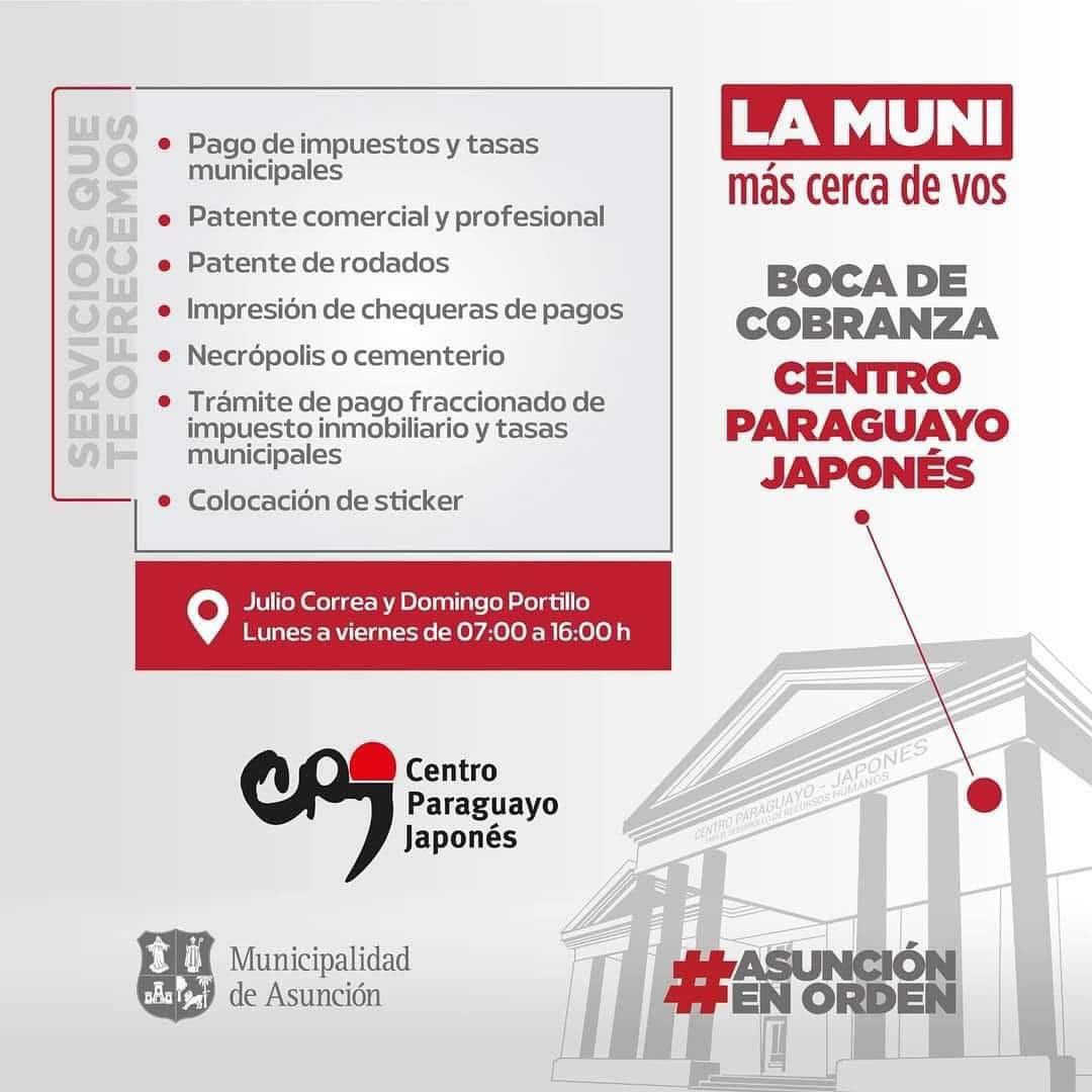 📍En el <a href="/CPJ_Asu/">Centro Paraguayo Japonés</a> contamos con una boca de cobranza, donde también podés acceder a estos beneficios: 
✅ 3% de descuento por pagos al contado de tus tributos del 2025.
✅100% de exoneración de multas y recargos, cancelando tu deuda hasta el 2024, en un solo pago. 👇🏻