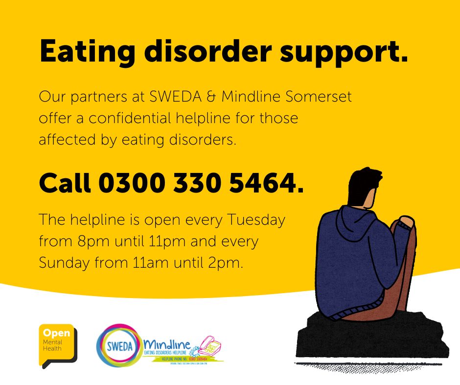 Eating disorders can feel overwhelming at times, but you are not alone. Twice a week, SWEDA, Mind in Somerset and Open Mental Health offer a free, confidential helpline for those affected and their families. 

You can also learn more on our blog: bit.ly/ed-support-som…