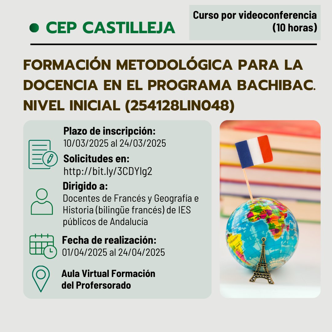 🔊 Curso presencial ➡️ "FORMACIÓN METODOLÓGICA PARA LA DOCENCIA EN EL PROGRAMA BACHIBAC. NIVEL INICIAL"

📍 Lugar: Por videoconferencia en el Aula Virtual de Formación del Profesorado #AVFP
✏️ Abierto el plazo de solicitudes hasta el 24/03/2025 en: juntadeandalucia.es/educacion/secr… ✅