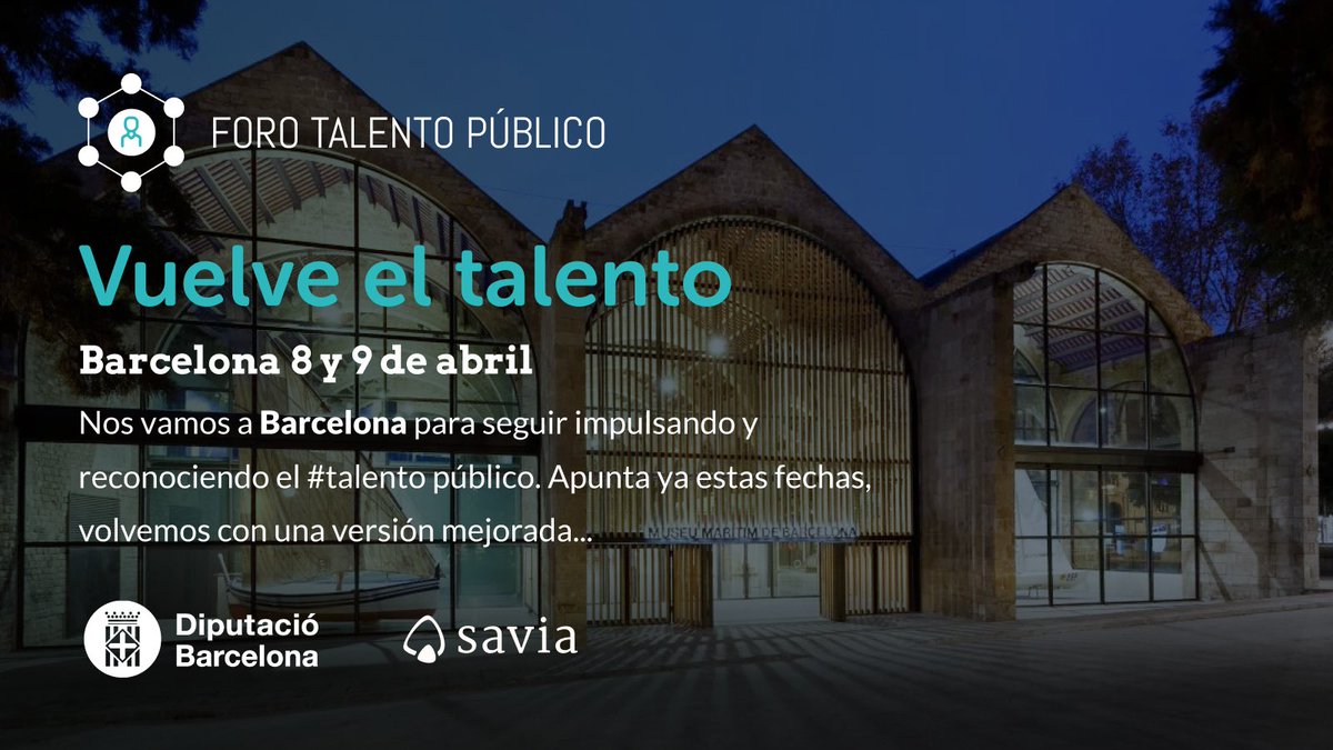 COSITAL Valencia (@cositalvalencia) on Twitter photo 🔍 Pròxima cita de l'#AdministracióPúbica: Fòrum Talent Públic de @savia_rrhh i <a href="/diba/">Diputació de Barcelona</a>🏛️
🗓️ 8 i 9 d'abril
📍Palau Macaya, Bcn
#FTP2025 reunirà professionals de la gestió de RRHH que compartiran propostes i casos d'èxit en innovació.
+ info forotalentopublico.savia.net 🔍 Pròxima cita de l'#AdministracióPúbica: Fòrum Talent Públic de @savia_rrhh i <a href="/diba/">Diputació de Barcelona</a>🏛️
🗓️ 8 i 9 d'abril
📍Palau Macaya, Bcn
#FTP2025 reunirà professionals de la gestió de RRHH que compartiran propostes i casos d'èxit en innovació.
+ info forotalentopublico.savia.net