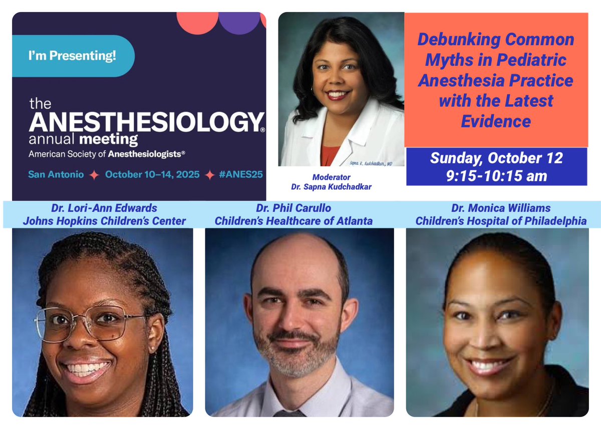 Sapna Kudchadkar, MD, PhD (@sapnakmd) on Twitter photo Delighted to moderate this timely #PedsAnes session at #ANES25 led by the amazing <a href="/LoriEd2022/">Lori Edwards</a> <a href="/HopkinsKids/">Johns Hopkins Children's Center</a> with 🌟 speakers <a href="/pcarMD/">Phil Carullo</a> <a href="/childrensatl/">Children's</a> & Dr. Monica Williams <a href="/CHOP_GenAnesth/">CHOP Division of General Anesthesiology</a>.
See you in San Antonio! Delighted to moderate this timely #PedsAnes session at #ANES25 led by the amazing <a href="/LoriEd2022/">Lori Edwards</a> <a href="/HopkinsKids/">Johns Hopkins Children's Center</a> with 🌟 speakers <a href="/pcarMD/">Phil Carullo</a> <a href="/childrensatl/">Children's</a> & Dr. Monica Williams <a href="/CHOP_GenAnesth/">CHOP Division of General Anesthesiology</a>.
See you in San Antonio!