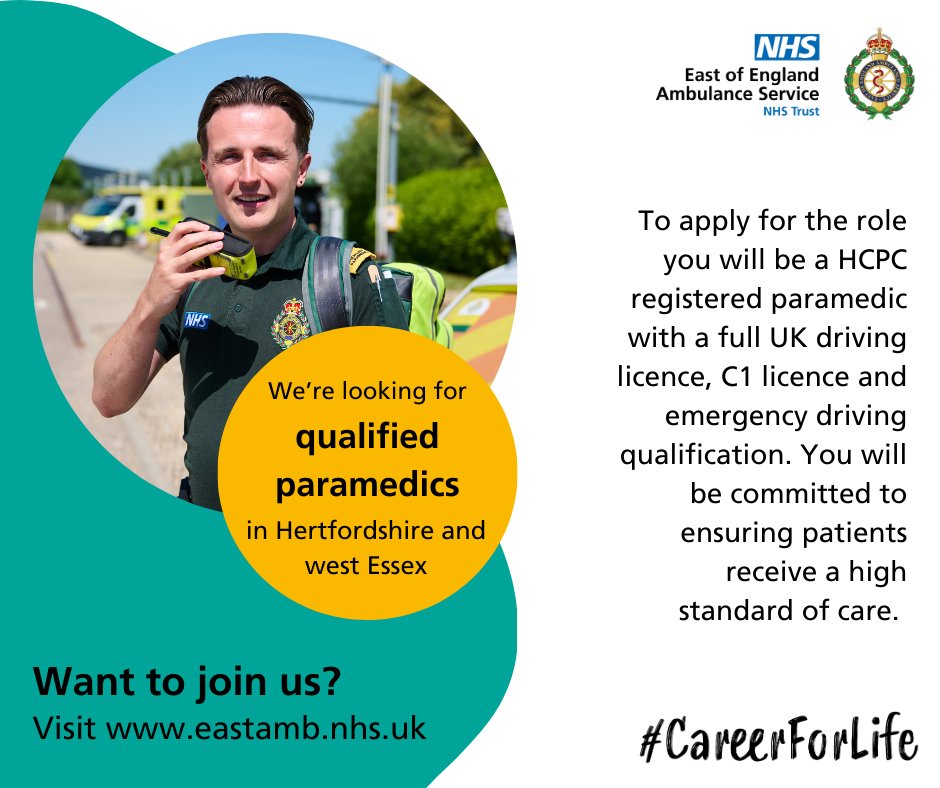 Are you a qualified paramedic looking for a new full-time or part-time role? 🚑

We're looking for paramedics to come and join #TeamEEAST in Hertfordshire and west Essex.

Start your #CareerForlife today:
eastamb.nhs.uk/join-the-team/…