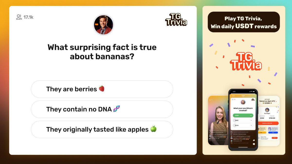 🔍  TG Trivia #Airdrop 

💲  Reward:  500 USDT for 50 winners + Referral Rewards

🔴  Start the airdrop App: t.me/tgtrivia_bot/T…

🔘 Do the tasks on the app &amp; submit your data.

🔘 Details: t.me/AirdropDetecti…

#Airdrops #Bitcoin #TGTrivia #USDT #AirdropDetective