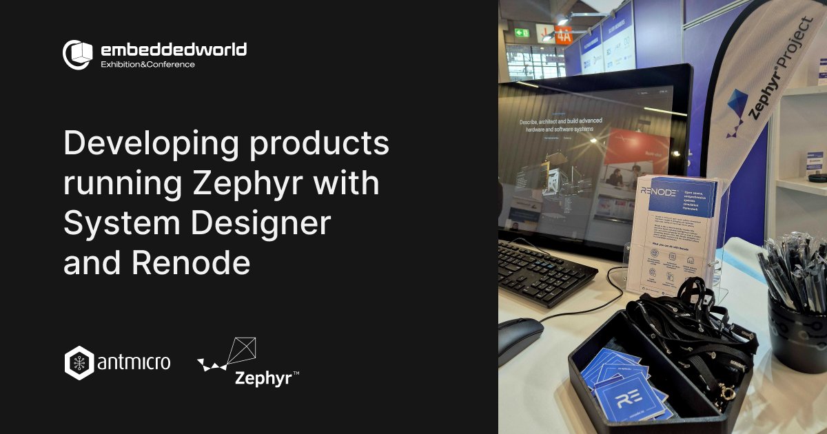 Antmicro (@antmicro) on Twitter photo Hello <a href="/embedded_world/">embedded world</a>! Stop by Antmicro at <a href="/ZephyrIoT/">Zephyr Project</a> 4-170 to discover a unique methodology for fast Zephyr product development with System Designer that leverages the RTOS' structuredness. See Zephyr-based software running in <a href="/renodeio/">Renode framework</a> simulation, with VSCode plugin, tracing, Hello <a href="/embedded_world/">embedded world</a>! Stop by Antmicro at <a href="/ZephyrIoT/">Zephyr Project</a> 4-170 to discover a unique methodology for fast Zephyr product development with System Designer that leverages the RTOS' structuredness. See Zephyr-based software running in <a href="/renodeio/">Renode framework</a> simulation, with VSCode plugin, tracing,