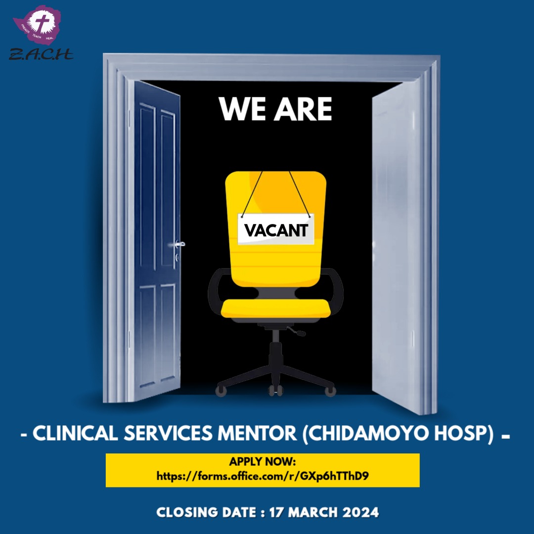 Zimbabwe Association of Church-Related Hospitals (@assoczach) on Twitter photo ZACH is looking for passionate Clinical Services Mentor and a District One Stop Centre Counsellor to join our team. For more details on the visit our website: zach.org.zw or visit vacancymail.co.zw
To apply click:forms.office.com/r/GXp6hTThD9
<a href="/VacancyMail/">VacancyMail.co.zw</a> #jobs ZACH is looking for passionate Clinical Services Mentor and a District One Stop Centre Counsellor to join our team. For more details on the visit our website: zach.org.zw or visit vacancymail.co.zw
To apply click:forms.office.com/r/GXp6hTThD9
<a href="/VacancyMail/">VacancyMail.co.zw</a> #jobs