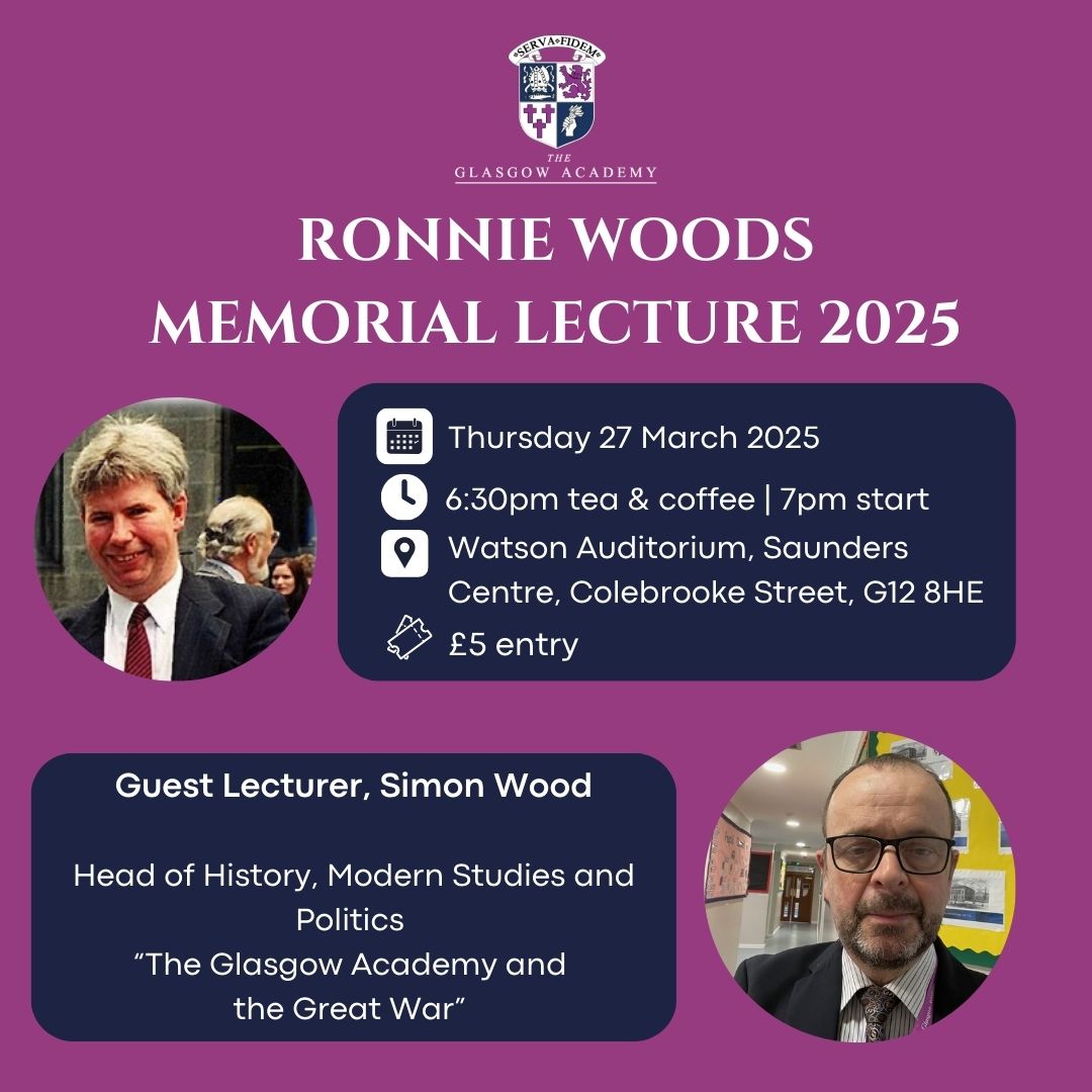 The Glasgow Academy Archive (@tgaarchive) on Twitter photo We would love to invite you to our next Ronnie Woods memorial lecture on Thurs 27 March, 6.30pm. Our guest speaker is Simon Wood who will talk about "The Glasgow Academy and The Great War". Tickets are £5 and includes tea/coffee. email archives@tga.org.uk for details how to book. We would love to invite you to our next Ronnie Woods memorial lecture on Thurs 27 March, 6.30pm. Our guest speaker is Simon Wood who will talk about "The Glasgow Academy and The Great War". Tickets are £5 and includes tea/coffee. email archives@tga.org.uk for details how to book.