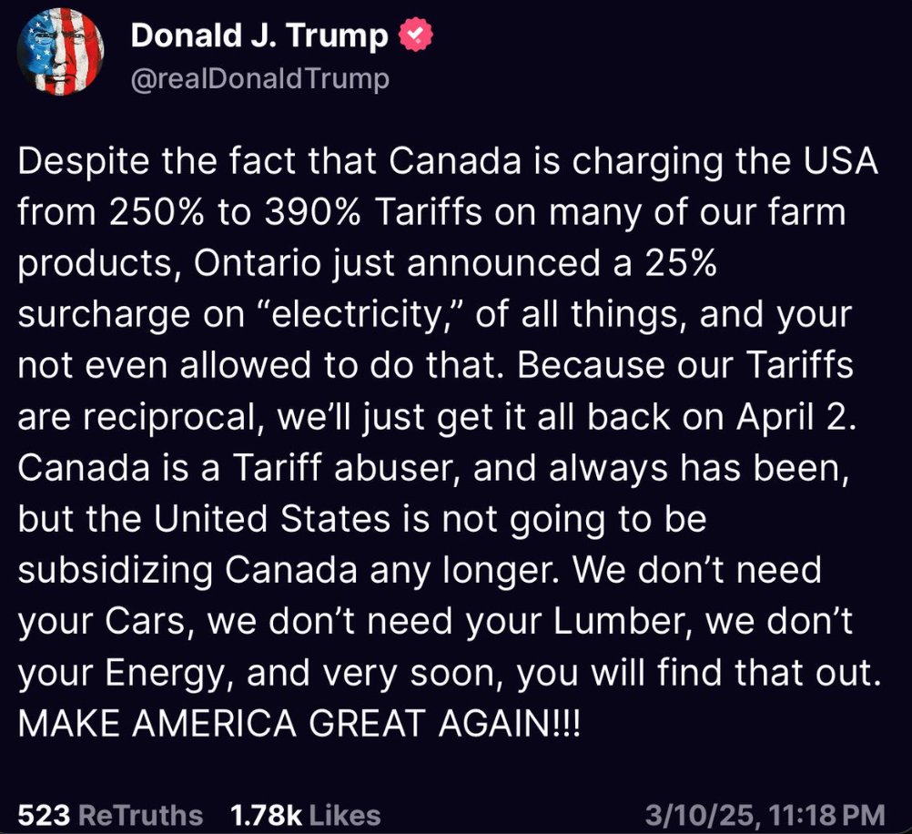 The dairy tariff applies to "over-quota" imports. It's a market-trigger tariff. The US has never paid because it has never exceeded its quota.  

And, you took tariffs off of lumber after this post. 

We're taxing your electricity because you're an asshole Don. It's called an