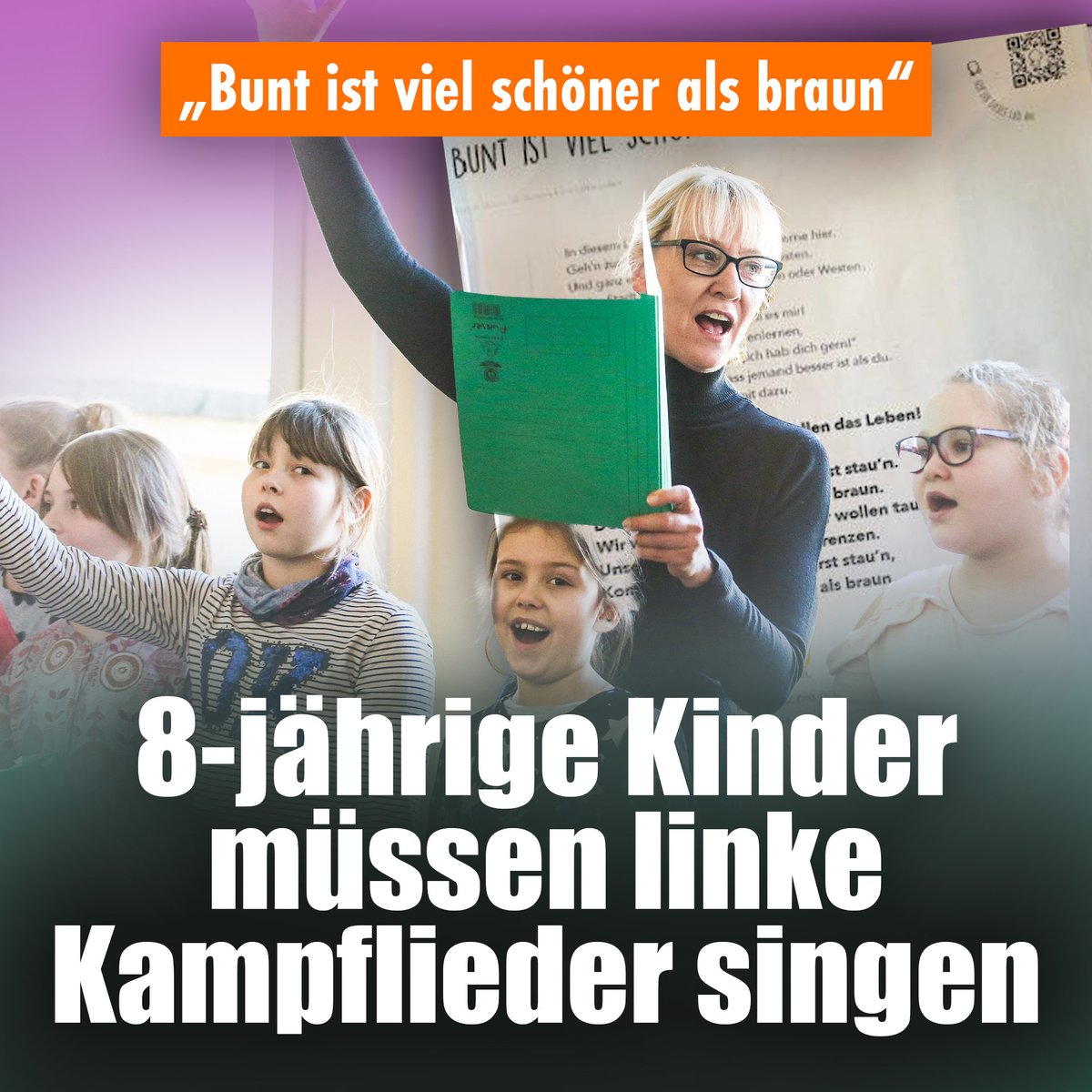 Beängstigend, was an manchen Schulen – hier einer Grundschule – vor sich geht. Die Kinder müssen ideologisch verbrämte Verse singen, wie in einem totalitären Regime. 
nius.de/news/bunt-ist-…