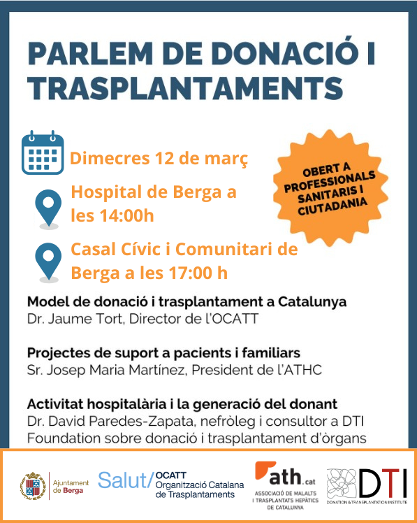 DTI Foundation (@dti_foundation) on Twitter photo Dimecres 12 de març 🗓️, jornada “Parlem de donació i trasplantaments” 💉❤️ a Berga!
Obert a professionals sanitaris 👩⚕️👨⚕️ i ciutadania Amb experts de l’@OCATT_cat, l’@ATHCat i <a href="/DTI_Foundation/">DTI Foundation</a> #Donació #Trasplantaments #Salut #Berga #OCATT #ATHC #HospitalDeBerga #AjuntamentDeBerga Dimecres 12 de març 🗓️, jornada “Parlem de donació i trasplantaments” 💉❤️ a Berga!
Obert a professionals sanitaris 👩⚕️👨⚕️ i ciutadania Amb experts de l’@OCATT_cat, l’@ATHCat i <a href="/DTI_Foundation/">DTI Foundation</a> #Donació #Trasplantaments #Salut #Berga #OCATT #ATHC #HospitalDeBerga #AjuntamentDeBerga