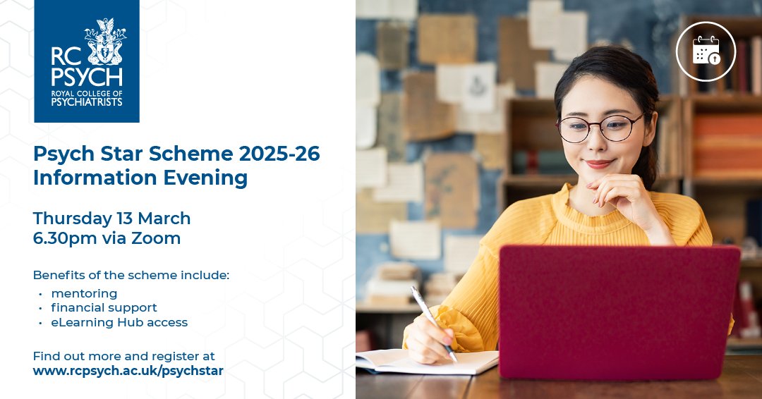 The College is hosting a free online information evening for medical students interested in applying for the Psych Star Scheme 2025/26.

📅  Thursday, 13 March 2025
📍 Online via Zoom

This session will feature Dr. Declan Hyland, Associate Dean for Choose Psychiatry and Lead