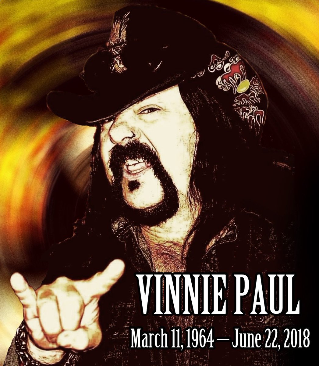 Pantera's tweet image. Happy 61st Birthday to the late, great Vinnie Paul! 
Please join us in celebrating Vinnie today. Fill your feed with pics &amp;amp; videos in honor of his birthday. Blacktooths for everyone! 

#vinniepaul #happybirthday #gonebutneverforgotton