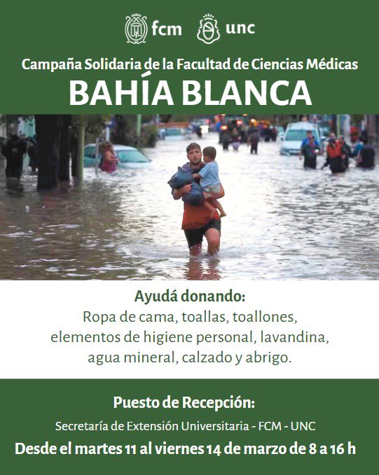 📢 ¡Bahía Blanca nos necesita!

La Facultad de Ciencias Médicas está organizando una Campaña Solidaria para ayudar a quienes más lo necesitan tras las inundaciones.