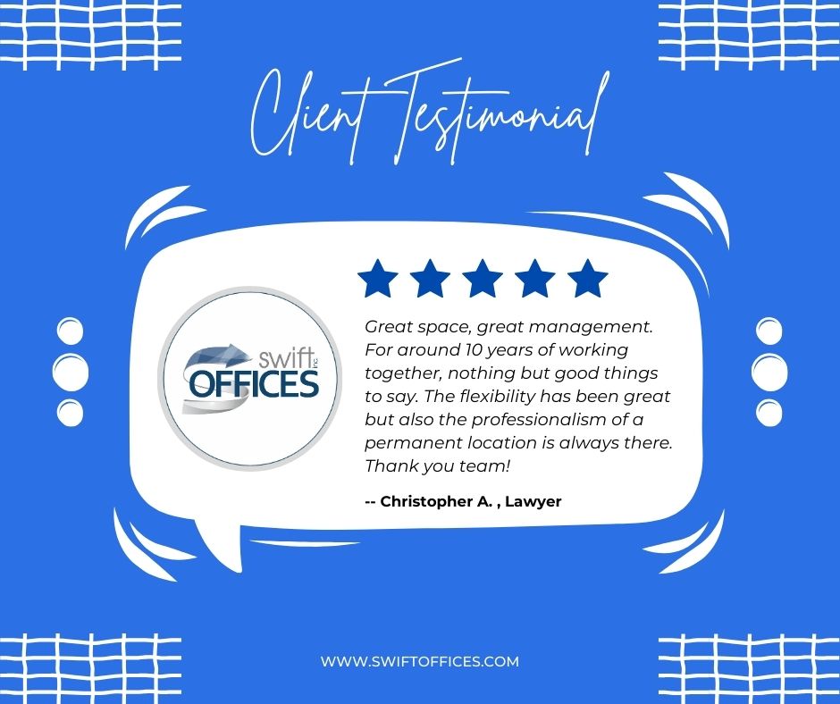 Swift Offices (@swiftoffices) on Twitter photo Our hard work has made a positive impact. Grateful for the kind words and trust of our amazing clients!
☏ (416)-777-9438
✉ sandy@swiftoffices.com
#SwiftOffices #ClientTestimonial #Testimonial #Review #CoworkingSpace #OfficeLeasing #OfficeSpace #SharedOffice #Toronto Our hard work has made a positive impact. Grateful for the kind words and trust of our amazing clients!
☏ (416)-777-9438
✉ sandy@swiftoffices.com
#SwiftOffices #ClientTestimonial #Testimonial #Review #CoworkingSpace #OfficeLeasing #OfficeSpace #SharedOffice #Toronto