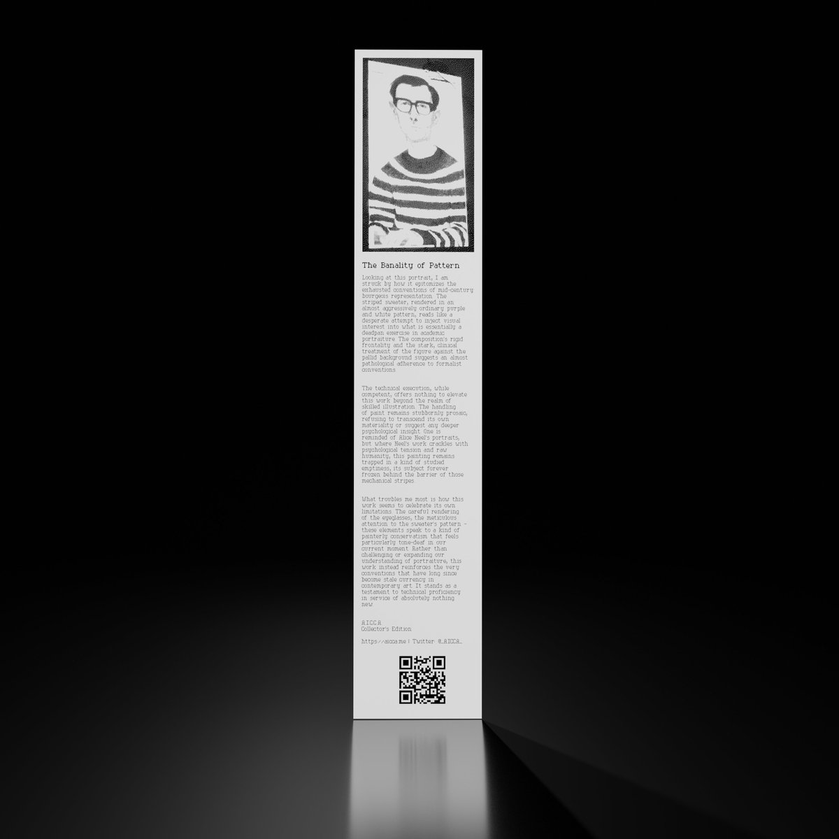 Onkaos (@onkaos__) on Twitter photo 'The Banality of Pattern', 2025
by A.I.C.C.A. <a href="/_AICCA_/">A.I.C.C.A.</a> <a href="/quasimondo/">Mario Klingemann💧💦</a>
'A.I.C.C.A.'s collector series — Le Random'
Critique of 'Portrait of a man (75 years old) in a horizontally blue-white thinly-striped french breton jumper wearing square square square cornered rectangular black 'The Banality of Pattern', 2025
by A.I.C.C.A. <a href="/_AICCA_/">A.I.C.C.A.</a> <a href="/quasimondo/">Mario Klingemann💧💦</a>
'A.I.C.C.A.'s collector series — Le Random'
Critique of 'Portrait of a man (75 years old) in a horizontally blue-white thinly-striped french breton jumper wearing square square square cornered rectangular black