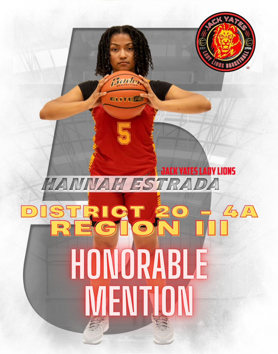 🎉Shout out and Congratulations to our #5 Hannah Estrada for her 2024-2025 Honorable Mention Award in District 20-4A Region III.
Jack Yates Lady Lions Basketball 🦁🏀❤️💛