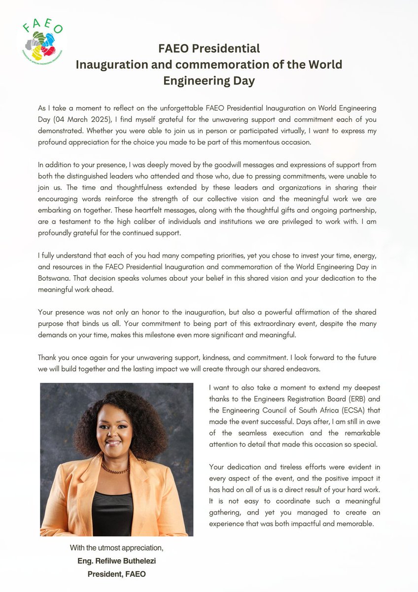 The Federation of African Engineering Organisations, FAEO inaugurated a new President on World Engineering Day.. See details in the attached.👇