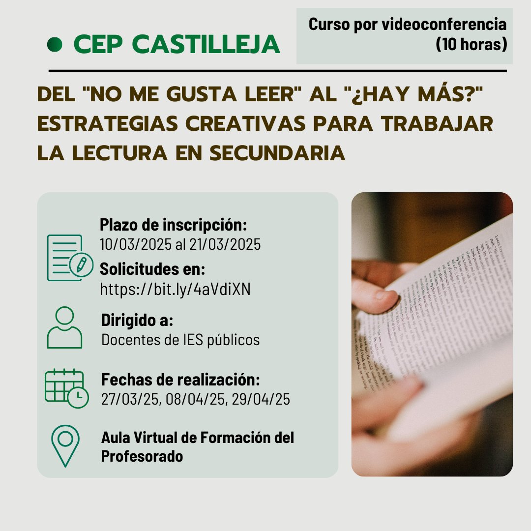 💻 Curso ➡️ "DEL ''NO ME GUSTA LEER'' AL ''¿HAY MÁS?'' ESTRATEGIAS CREATIVAS PARA TRABAJAR LA LECTURA EN SECUNDARIA"

📍Lugar: Aula Virtual de Formación del Profesorado y Webex (videoconferencias) 

📝Abierto el plazo de solicitudes hasta el 21/03/2025 en: juntadeandalucia.es/educacion/secr…