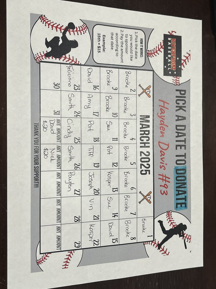 Hayden has almost filled up the entire calendar. Please help Hayden’s baseball team with any donation you feel inclined to give. Thanks to everyone who’s donated so far.