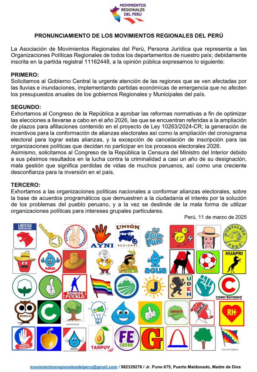 Asociación de Movimientos Regionales del Perú (@movregionales) on Twitter photo PRONUNCIAMIENTO DE LOS MOVIMIENTOS REGIONALES SOBRE CENSURA DEL MINISTRO DEL INTERIOR Y OPTIMIZACIÓN DE NORMAS ELECTORALES PARA GENERAR ALIANZAS
<a href="/RPPNoticias/">RPP Noticias</a> <a href="/exitosape/">Exitosa Noticias</a> <a href="/larepublica_pe/">La República</a> <a href="/elcomercio_peru/">El Comercio</a> <a href="/ensustrece/">Semanario Hildebrandt en sus trece</a> <a href="/peru21noticias/">Perú21</a> <a href="/Latina_Noticias/">Latina Noticias</a> <a href="/rmapalacios/">Rosa María Palacios</a> PRONUNCIAMIENTO DE LOS MOVIMIENTOS REGIONALES SOBRE CENSURA DEL MINISTRO DEL INTERIOR Y OPTIMIZACIÓN DE NORMAS ELECTORALES PARA GENERAR ALIANZAS
<a href="/RPPNoticias/">RPP Noticias</a> <a href="/exitosape/">Exitosa Noticias</a> <a href="/larepublica_pe/">La República</a> <a href="/elcomercio_peru/">El Comercio</a> <a href="/ensustrece/">Semanario Hildebrandt en sus trece</a> <a href="/peru21noticias/">Perú21</a> <a href="/Latina_Noticias/">Latina Noticias</a> <a href="/rmapalacios/">Rosa María Palacios</a>
