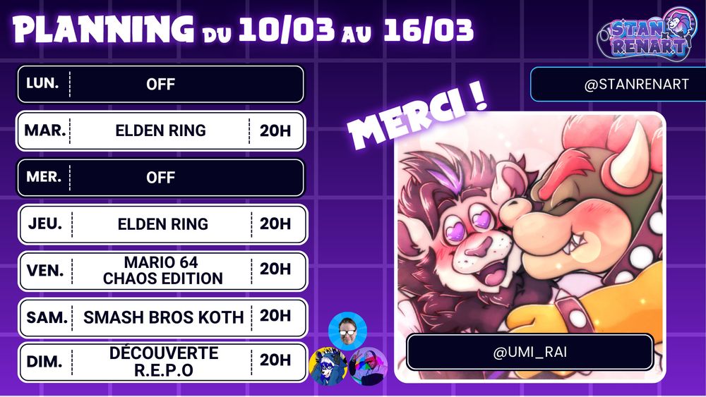✨PLANNING ✨ 

Du Elden Ring 🌌⚔️  

Du mario 64 CHAOS edition 💣💥  

Smash Bros VS VIEWER 🦁🔥

Découverte R.E.P.O avec <a href="/AtomicBraven/">AtomicBraven 🐺🏳️‍⚧️ ｜VtuberFR</a> <a href="/Oliarius/">Olia'</a> <a href="/Tensaes/">Tensa</a> 🟪🟦🟩🟥