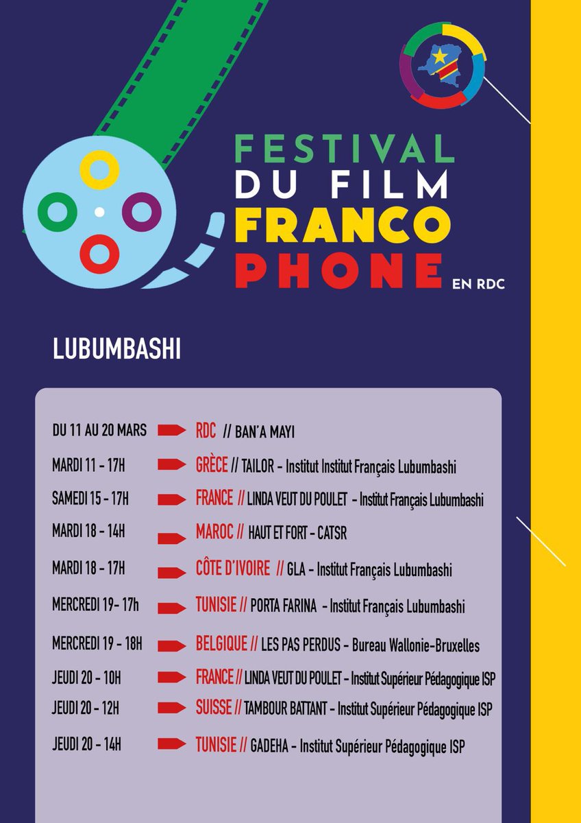 WalbruRDC's tweet photo. 🎬 Le Festival du Film Francophone en RDC, c’est déjà maintenant ! ✨

Du 11 au 20 mars 2025, célébrez le cinéma francophone à Kinshasa et Lubumbashi ! 📽️

Vive la Francophonie !

#FestivalDuFilmFrancophone #CinémaFrancophone #RDC #Kinshasa #Lubumbashi 🎥🇨🇩 https://t.co/bddXCsxn0x