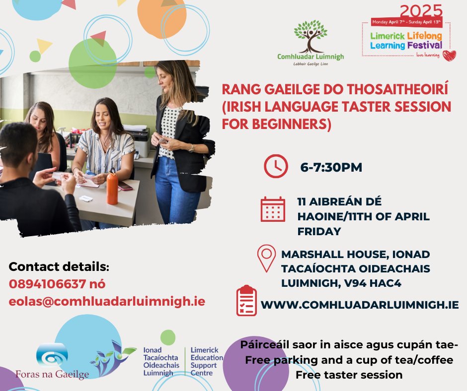 Tá ríméad orainn a fhógairt go mbeidh Comhluadar Luimnigh ag glacadh páirte san fhéile 'Limerick Lifelong Learning' arís i mbliana. Beidh fáilte roimh chách! Register for this event at comhluadarluimnigh.ie.