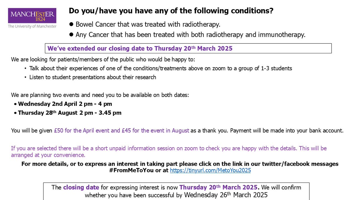 LindseyBwork's tweet image. Deadline 20th March. If you have experienced Cancer that was treated with both radiotherapy and immunotherapy, we would love to hear from you - See below and visit tinyurl.com/MetoYou2025 for more information and to apply. #FromMeToYou